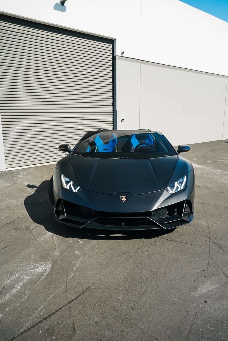 2020 Lamborghini Huracán Evo Spyder — front view, available for rental in San Diego