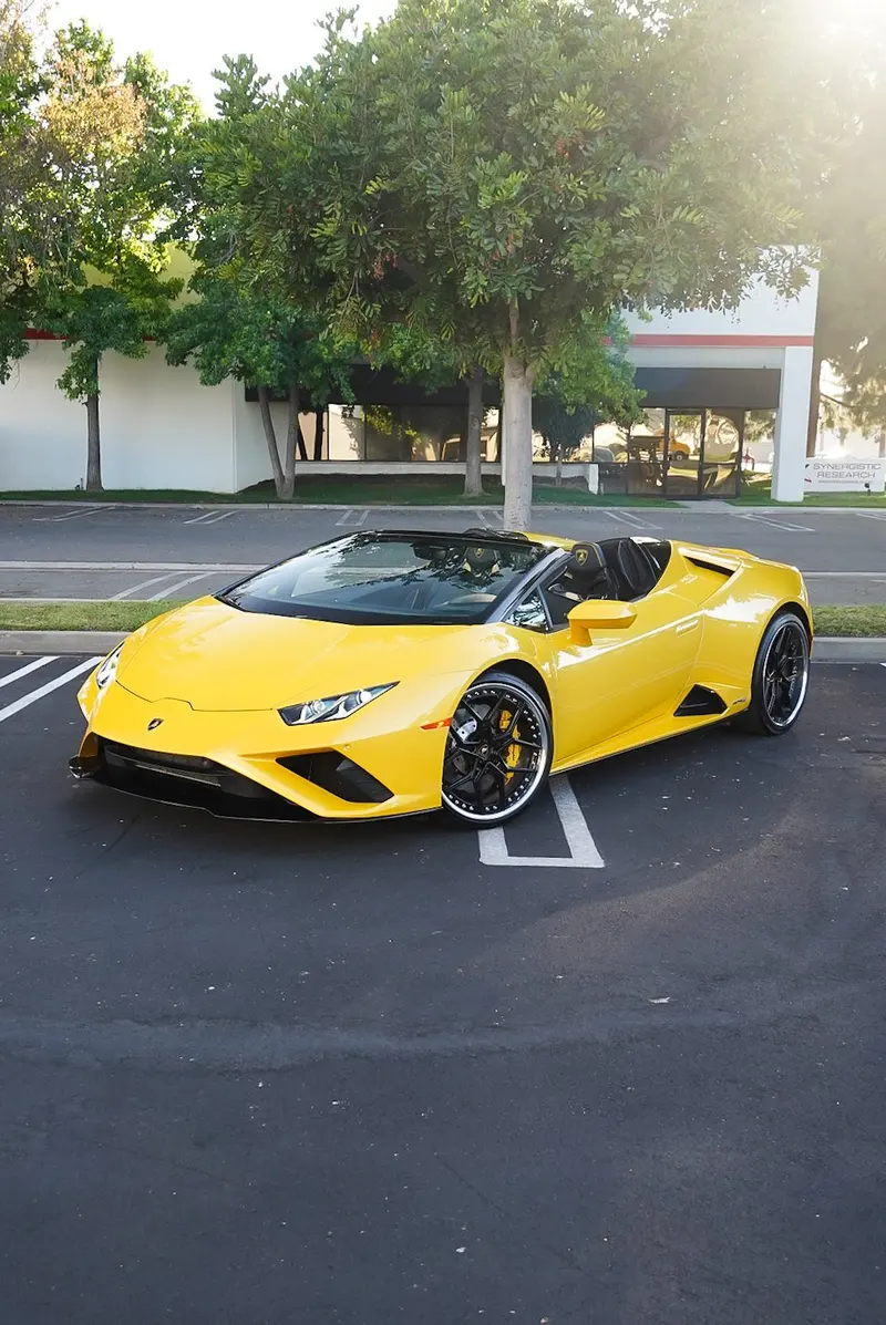2021 Lamborghini Huracán Evo Spyder — front view, available for rental in San Diego